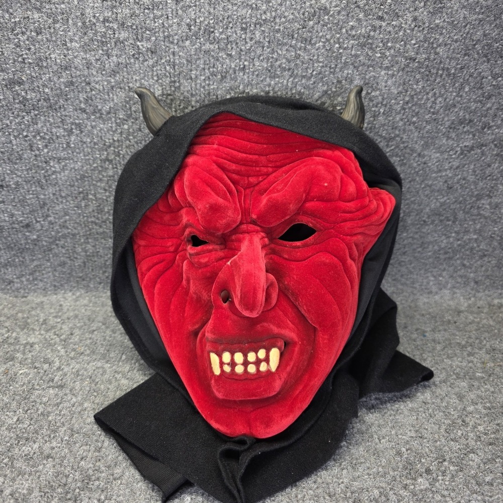 Vtg 90s Halloween Devil Mask Red Velvet Face Horned Hooded Demon Costume Scary